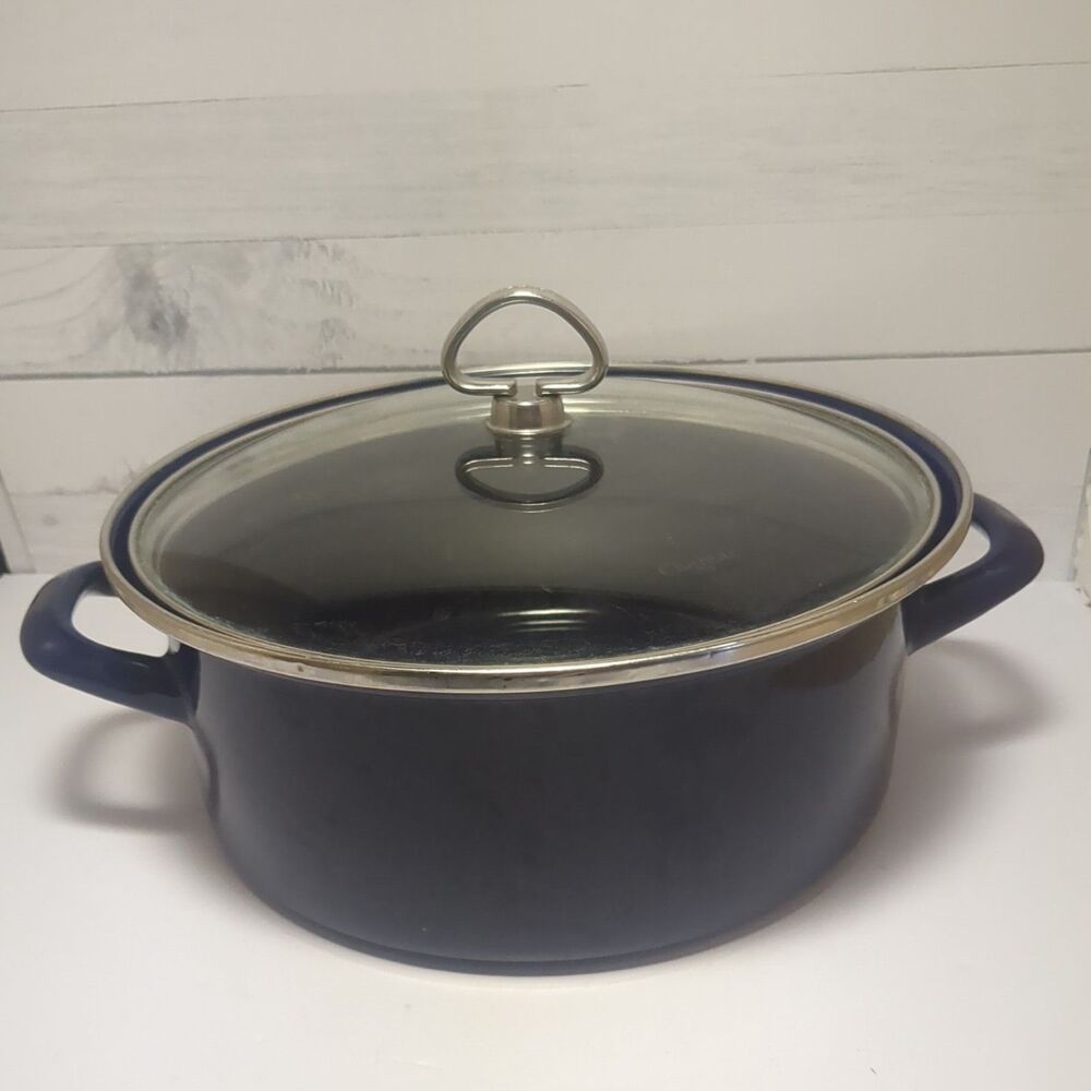 Vintage Chantal Cobalt Blue 5 Qt Dutch Oven Enamel On Steel "S" Glass Lid